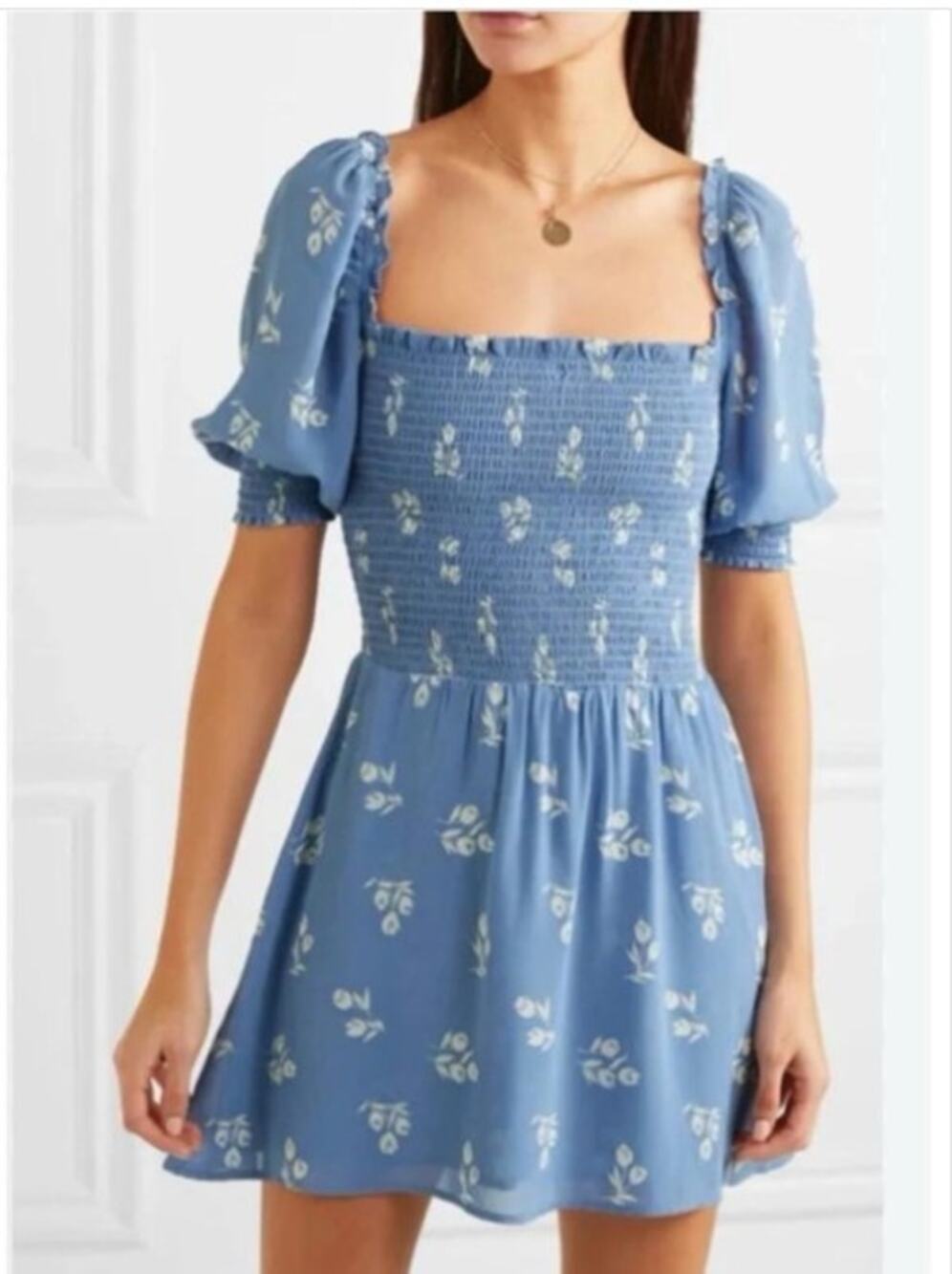 Reformation Elle Smocked Floral Mini Dress Verona Blue White 4 Boho